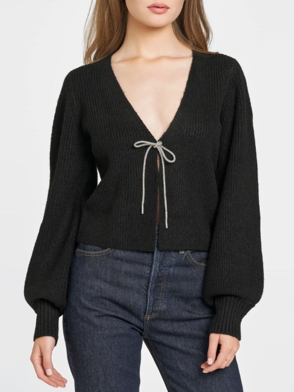 WAYF Lila Rhinestone Bow Tie Cropped Blouson Sleeve Cardigan Black XS